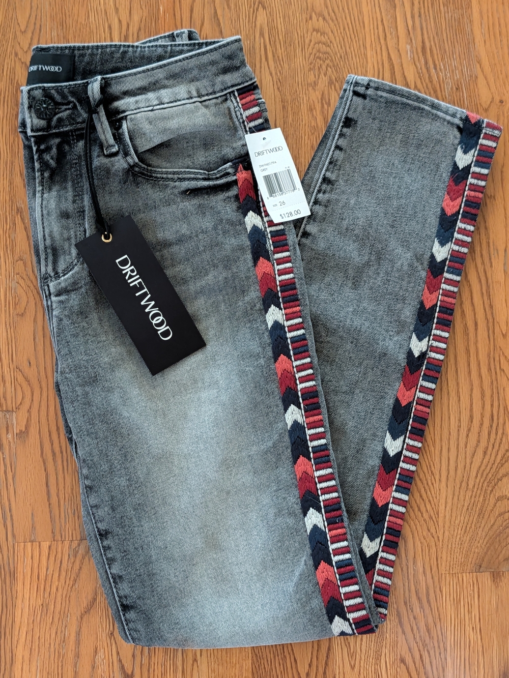 Driftwood Jackie Gray Aztec Embroidered High Rise Skinny Ankle Jeans